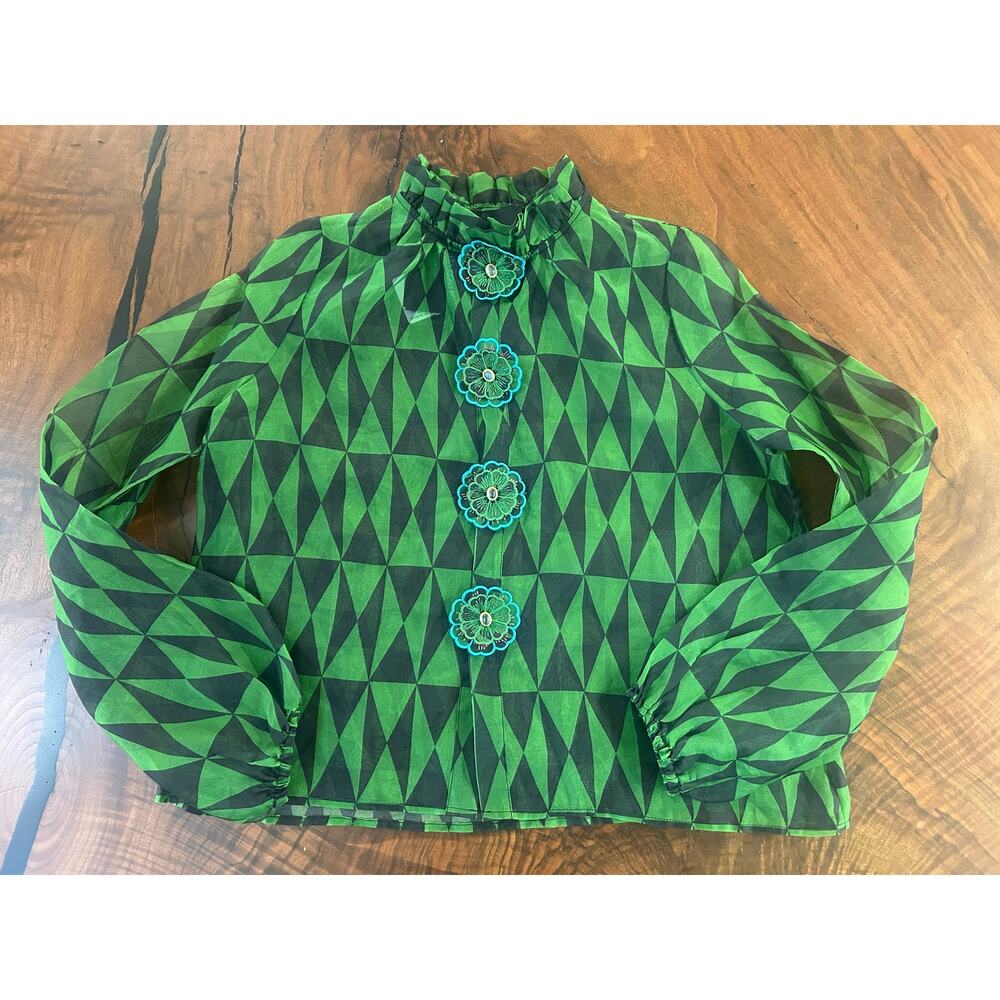 Cynthia Rowley Silk Organza Blouse Evergreen XS NWT Green Geometric Floral Top